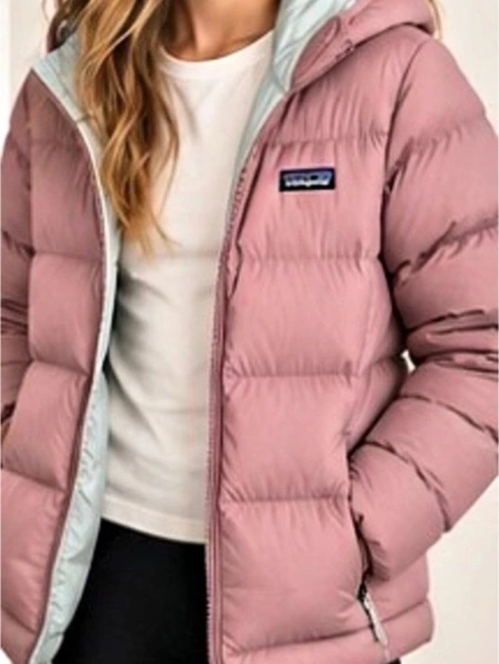 Patagonia Kids' Hi-Loft Down Sweater Hoody Pink & Gray Large